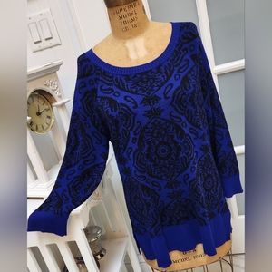 CABLE & GUAGE Long Sleeve Royal Blue & Black Scoop Neck Patterned Sweater EUC